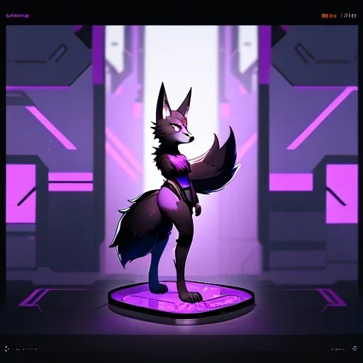 a fox fursona, darker colors, master quality, backlighting, soft lights, full body portrait, in frame, 8k, furry, fur, black and purple color pallet, robotic arm, cyberpunk, anthropomorphic