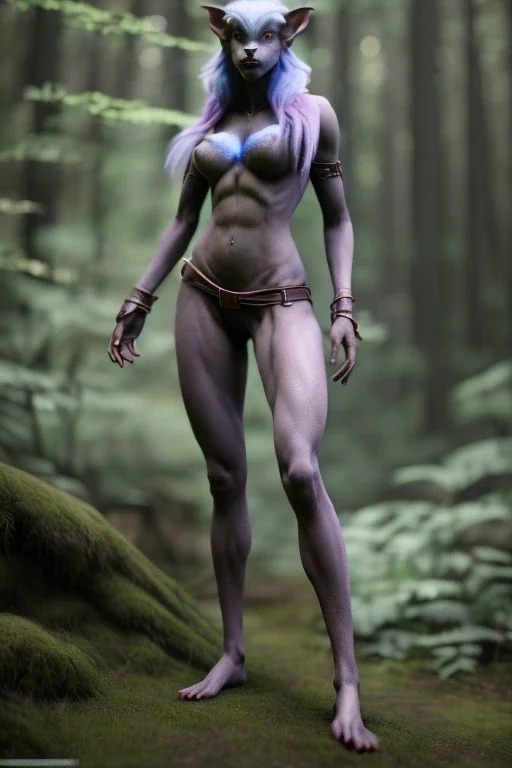 full length photo of a female Drow elf werewolf, looking at camera, background is a dense forest, highly detailed, 4 k, hdr, smooth, sharp focus, high resolution, award – winning photo