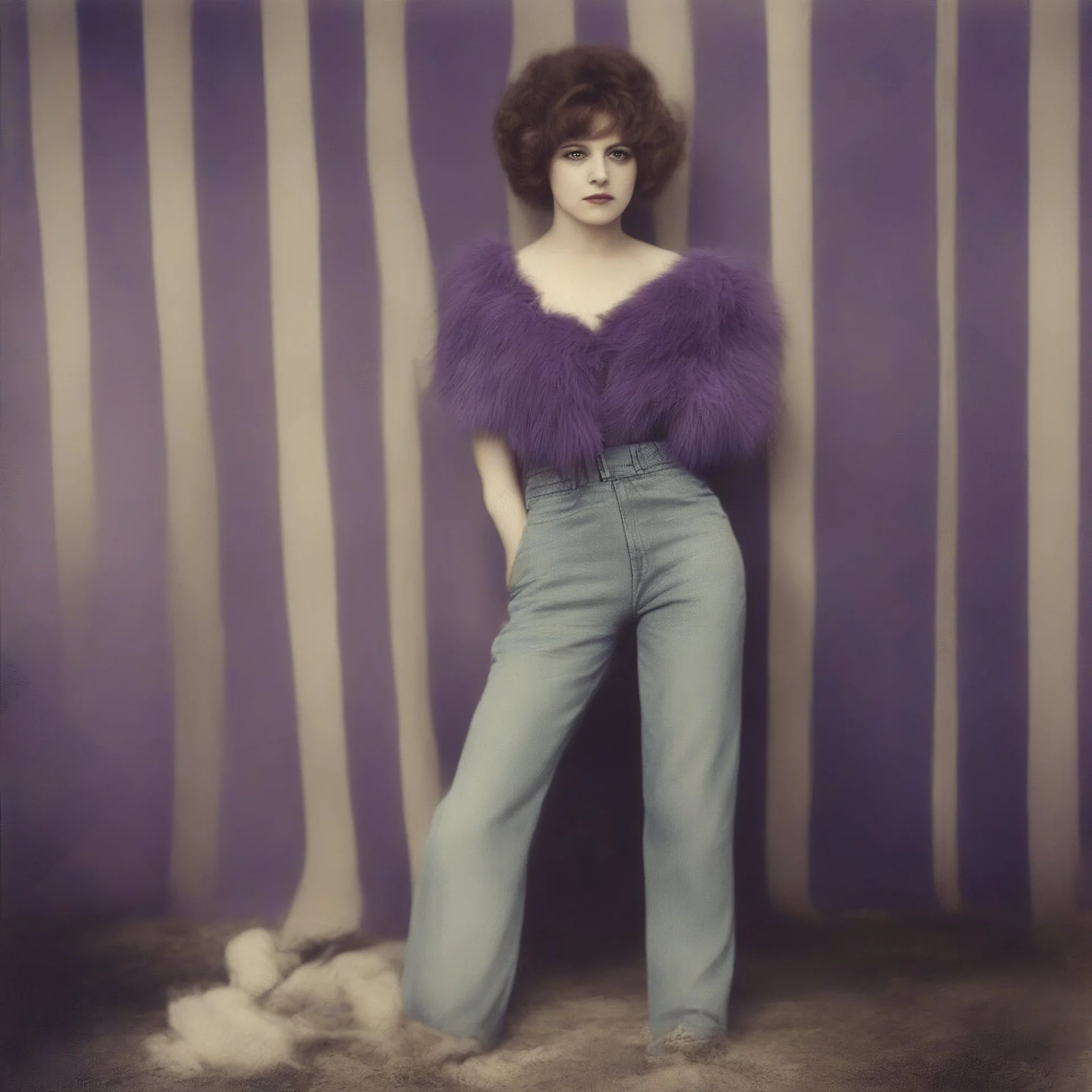 Clara bow, Hippie girl, jeans, purple fur, striped wallpaper, old autochrome