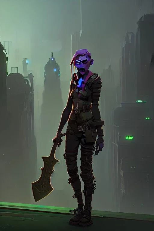 dystopian city, goblin holding an axe, green hair, steampunk style