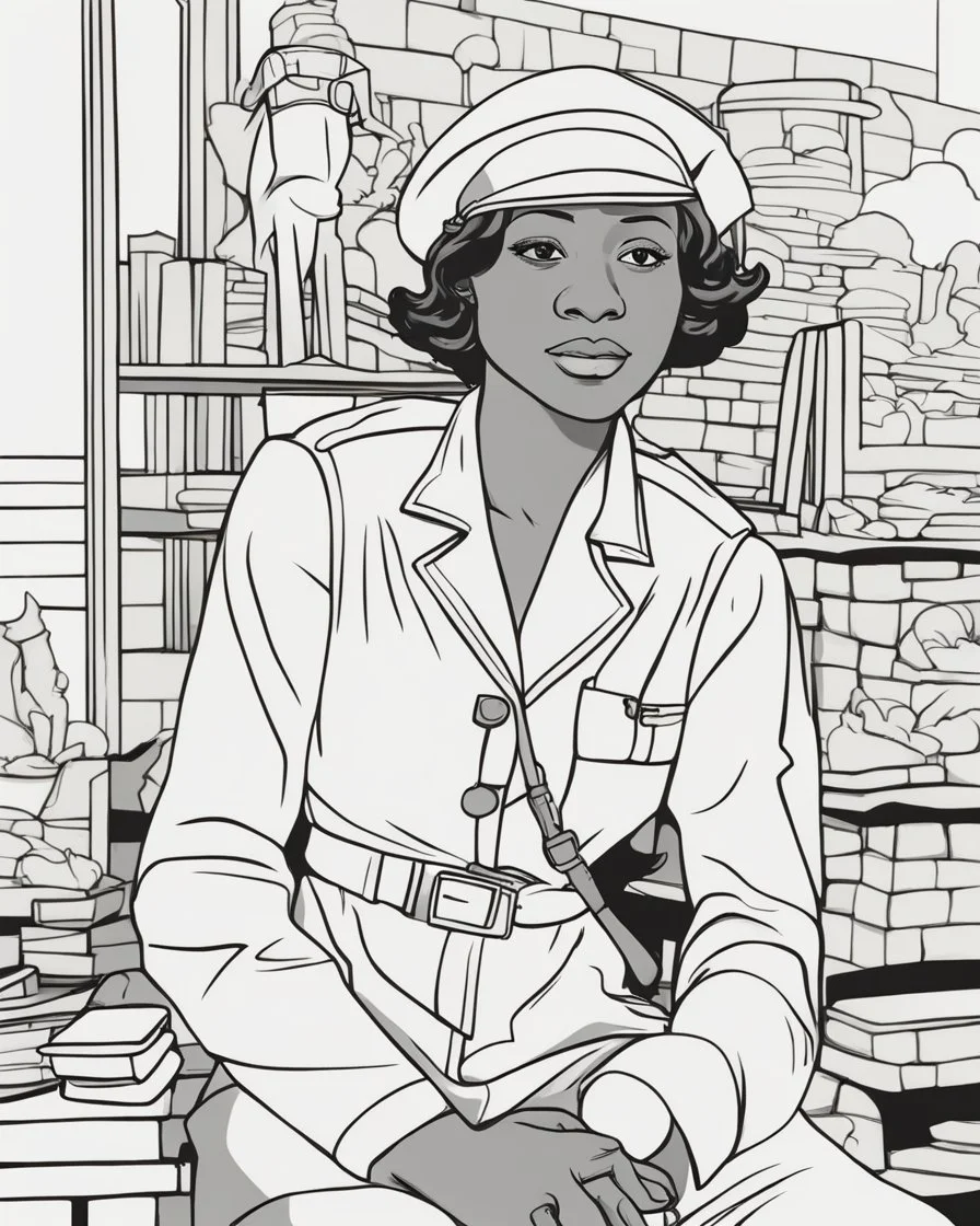 coloring page for teens, simple outlines art, cartoon style, outline drawing, bold outlines, clean and clear outlines, no tones color, no color, no detailed art, art full view, wide angle, white background, Bessie Coleman, African-American abolitionist.