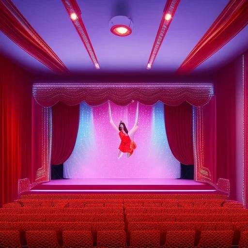 theater stage with red curtain, medium range, head-to-toe portrait of acrobats, vaudeville, ethereal, soft lighting