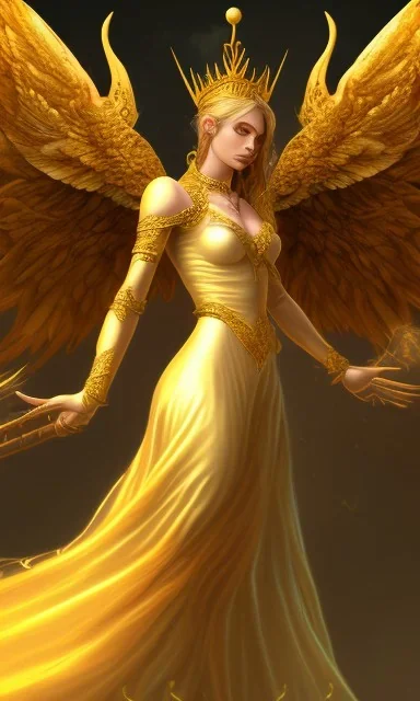 Angel with big wings and golden crown floating above the ground in the dark, michelangelo style, detailed, world of warcraft style