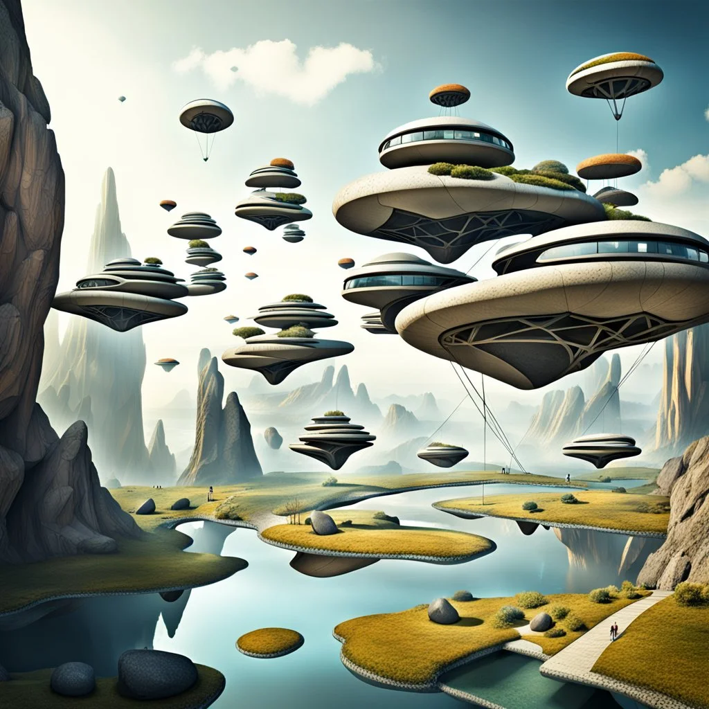 Architecture in the Future, Landscape, with crazy houses on flying Stones with connected by suspencion bridges