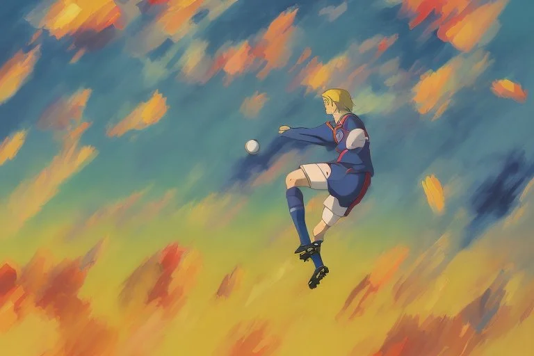 Oil painting, full body of a soccer player, he is kicking the ball, the ball is flying, bright but not neon colours, dynamic lines, dynamic blobs, spots, lines in the background of the character, splash like a colour explosion