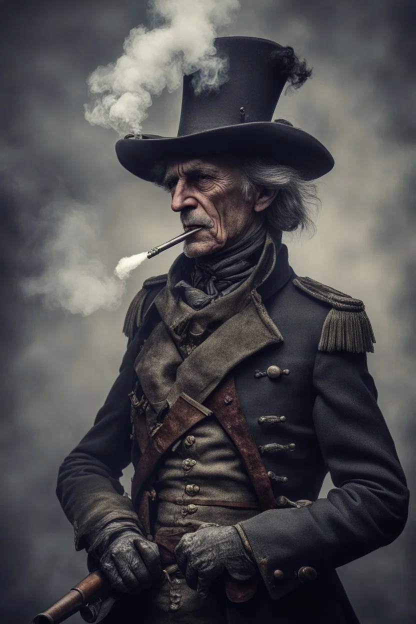 70 years old victorian bloodborne soldier with a musket and smoking a cigarette