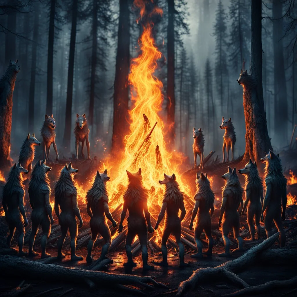 close up one large bonfire with its flames rising high in a clearing, around the bonfire many anthropomorphic wolf humanoids crying, dancing, singing and just watching the flames. rain, cold deep colors, around them in the background dark trees with huge trunks, rainy day, high contrast, high detail, atmospheric, dark fantasy, sci-fi atmosphere, cinematic