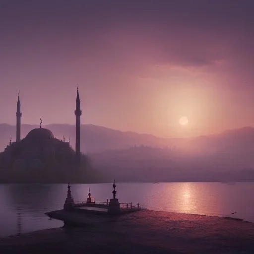 Sultanahmet standing back to back under sky, landscape lake, sunset, illustration concept art anime