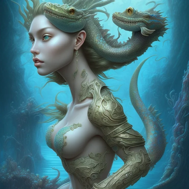 sango fantasy, fantasy magic, intricate, sharp focus, illustration, highly detailed, digital painting, concept art, matte, artgerm and paul lewin and kehinde wiley, masterpiece sexy lips African lady body mermaid alligator head turquoise space lady beach sea under water mermaid seaweed