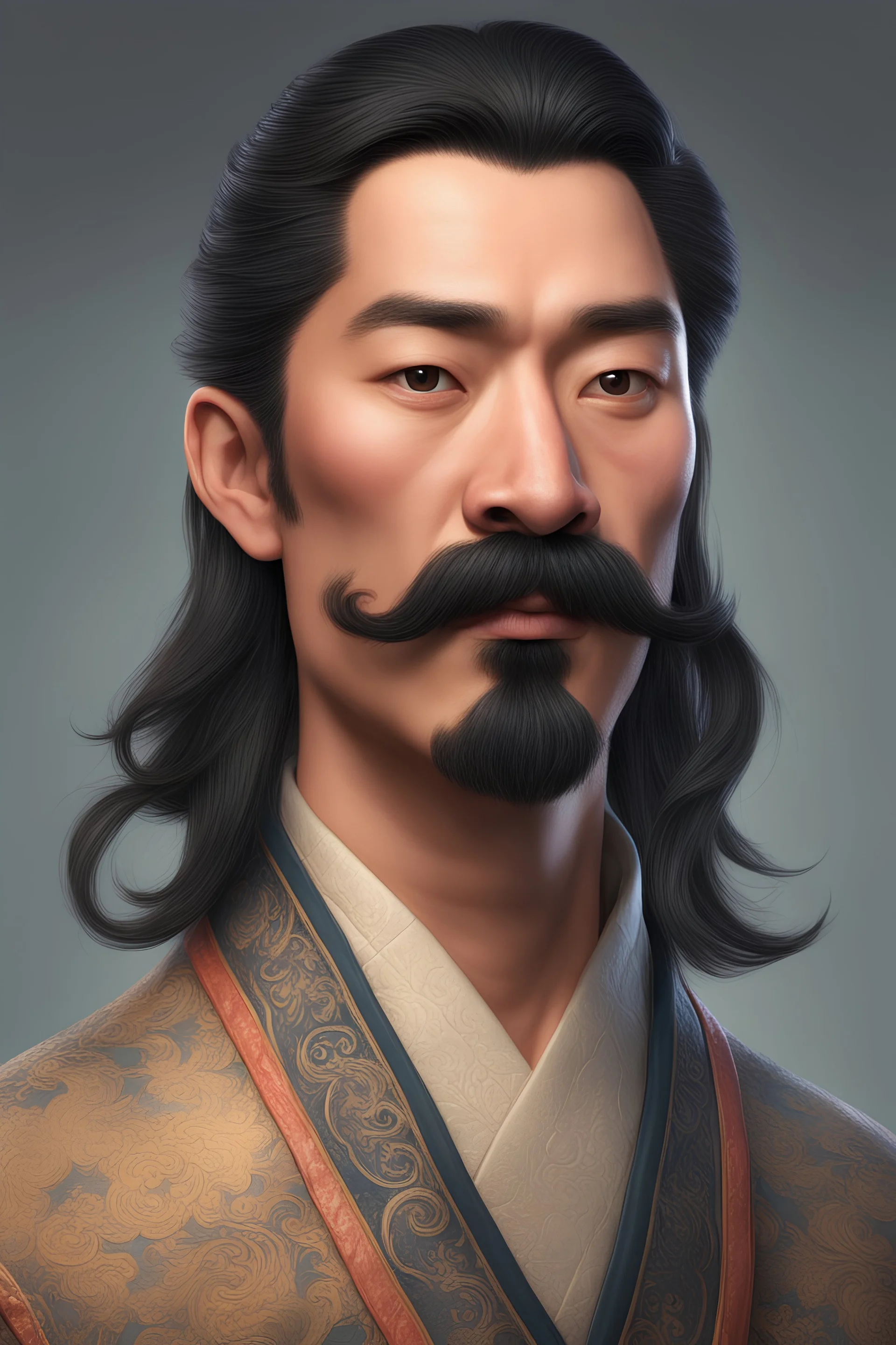 buatlah gambar karakter pria berambut panjang berkumis tebal keturunan china hidung mancung