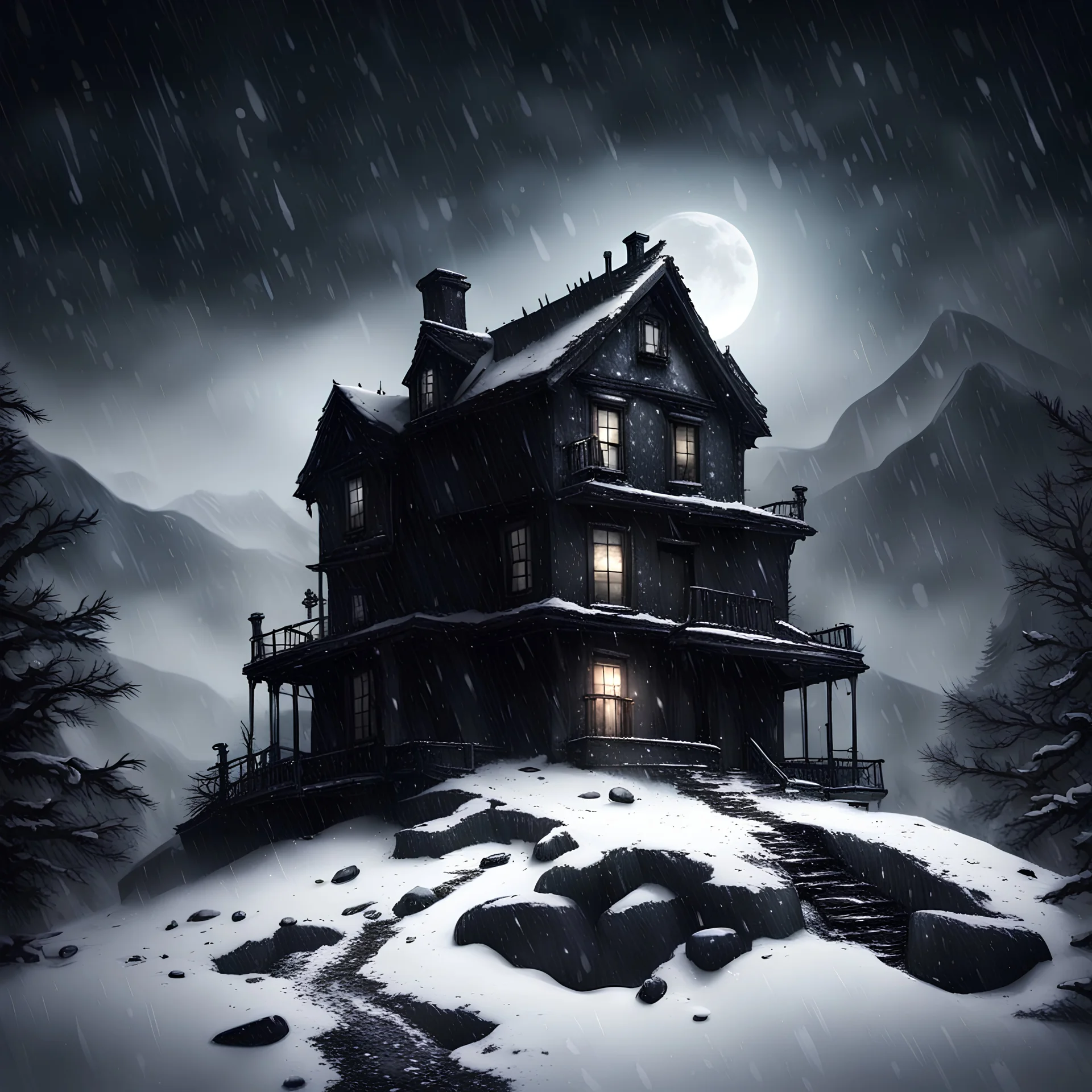 Hyper Realistic black abandoned dark haunted house on the top of a mountain at heavy snowfall night