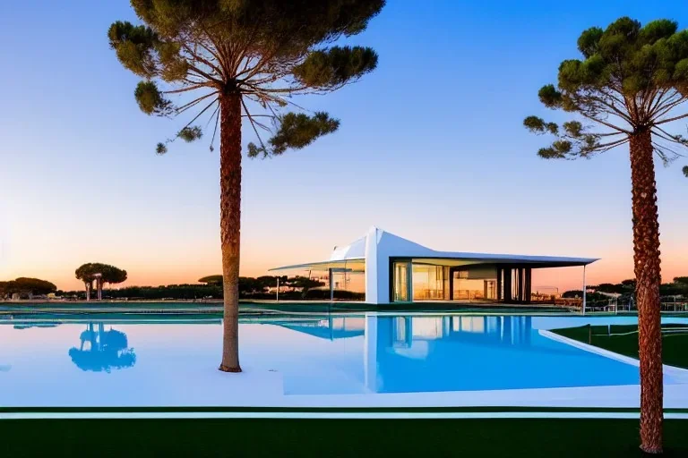 Sunset algarve in quinta do lago, one straight line building of 250 meters long modern luxury architecture with pool on rooftop, with green roofs and sun loungers next to pool, overlooking a tennis sport facility surrounded by pine trees, on a slope with pinus pinea, a wrap around road for low speed cars