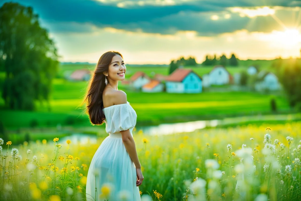 Young woman in flower field in country side ,river, houses,blue sky ,nice clouds,god rays