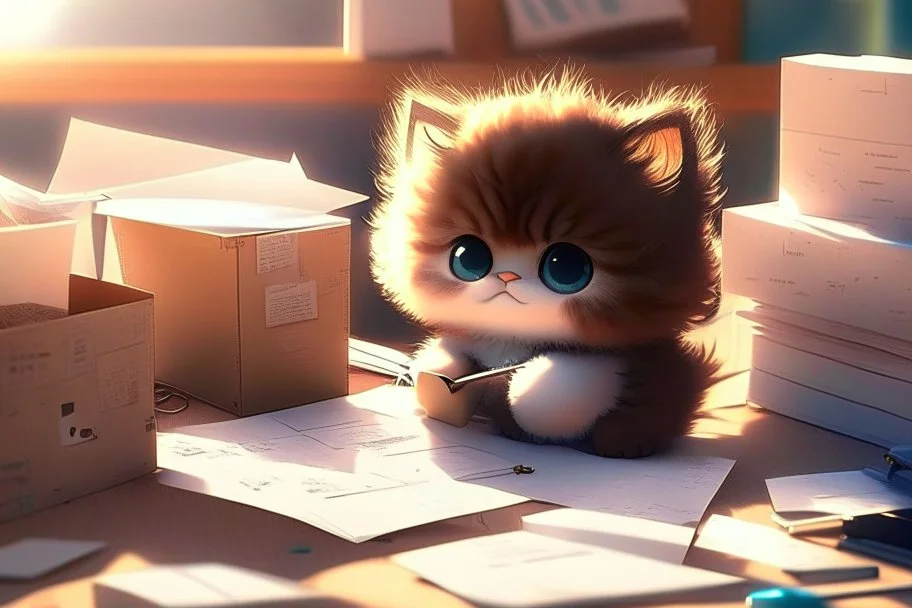 Cute fluffy chibi pixar brunette kitten working very hard at a desk, surrounded by lots of paper, computers and paper boxes, in the sunlight.