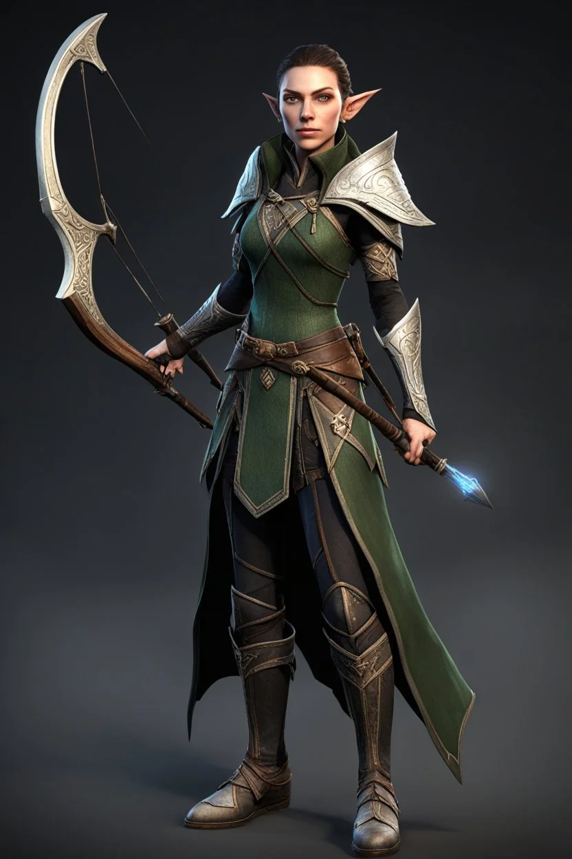 Unreal engine 5, Elder Scrolls aesthetic, RPG video game character creation screen, female Elven archer with statistics in a vertical menu bar, "Hit Points", "EXP Points", "Strength", "Dexterity", "Luck", modern video game textures, sword and sorcery video game character