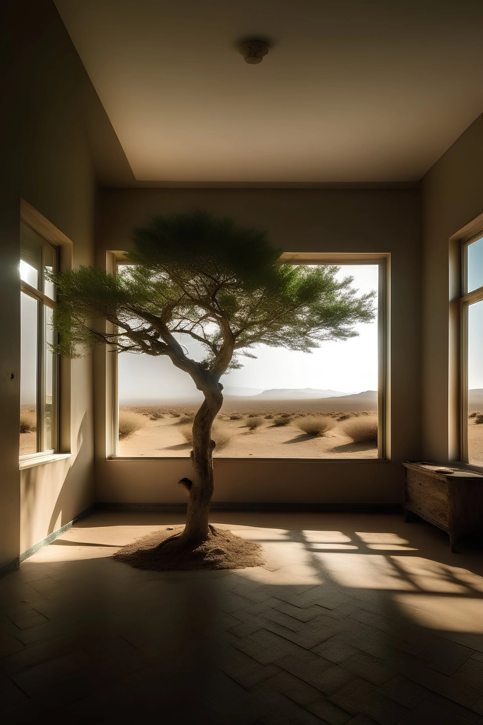 منضر صحراء خالية وفيها شجرة وحجرة