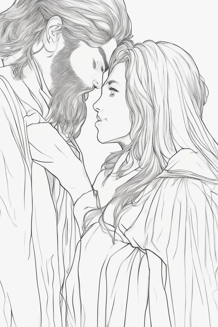 Couple from dnd kissing, woman with white hair wearing a dress, man with long black hair tunic and red cloak.