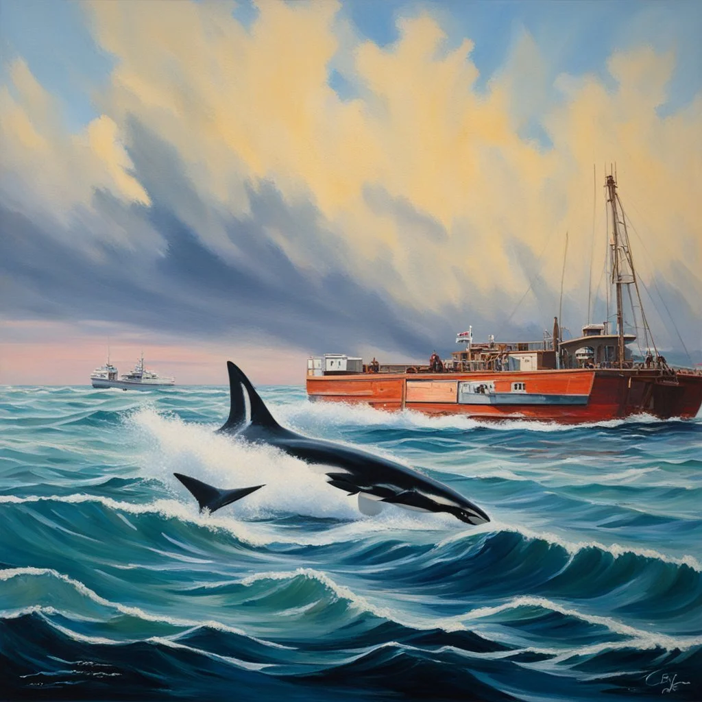 oil painting of the shark-fishing boat ORCA from jaws, passing through a ship channel.