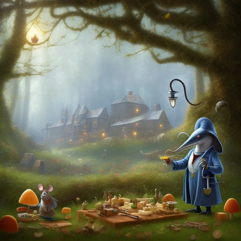 A Plague Doctor (AND) a Mouse having a port & cheese party in a forest by a river while mushrooms grow beside them, art by Pixar and Dreamworks