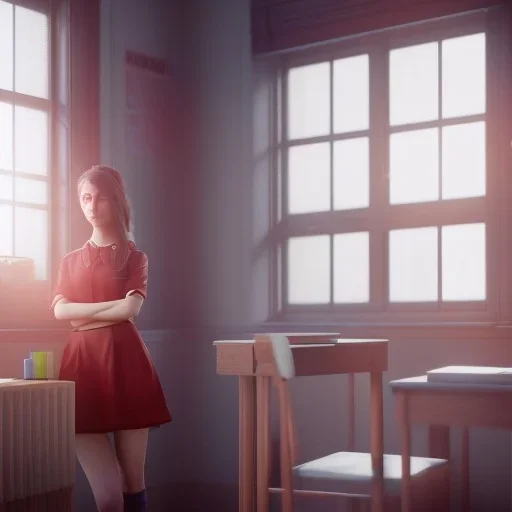 Study girl in classroom by the window ,movie, real photo realistic, unreal engine, cinematic lighting --ar 1:1 creative