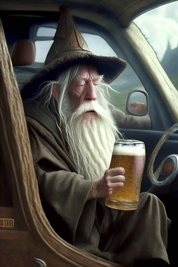 gandalf in a car drinking a beer