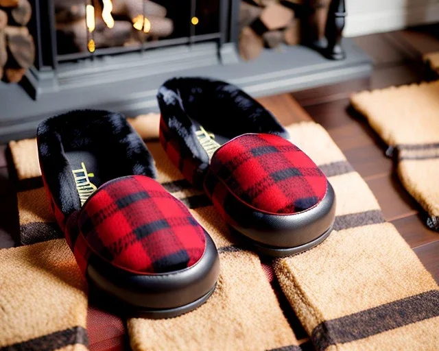 Red plaid slippers, black bearskin,log cabin, stone fireplace