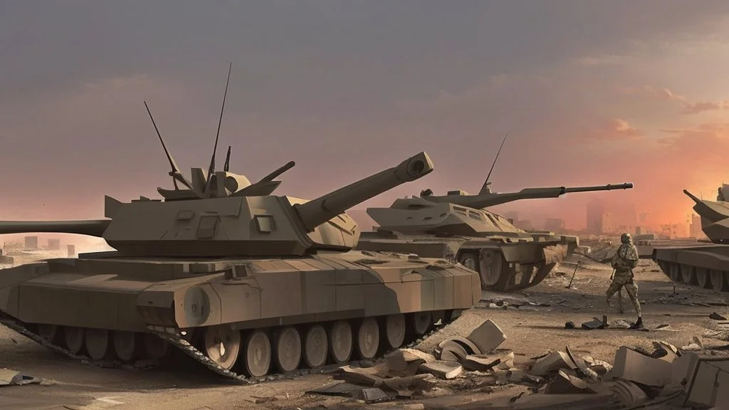 Israeli soldiers and tanks stand on a very large chessboard in the middle of a destroyed city