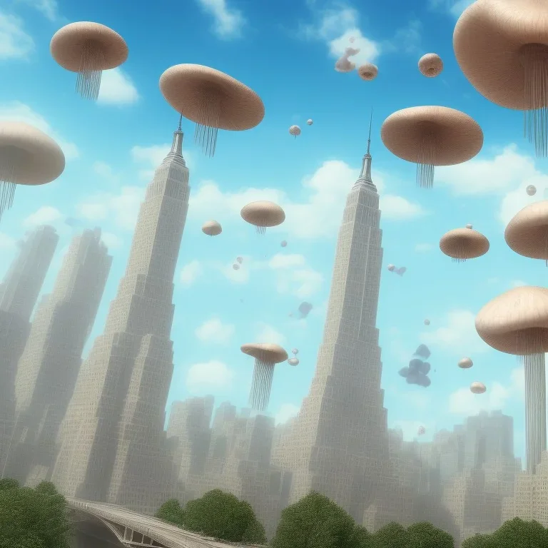 New york 3D blender full lenght with big flying mushrooms in the sky and tall towers