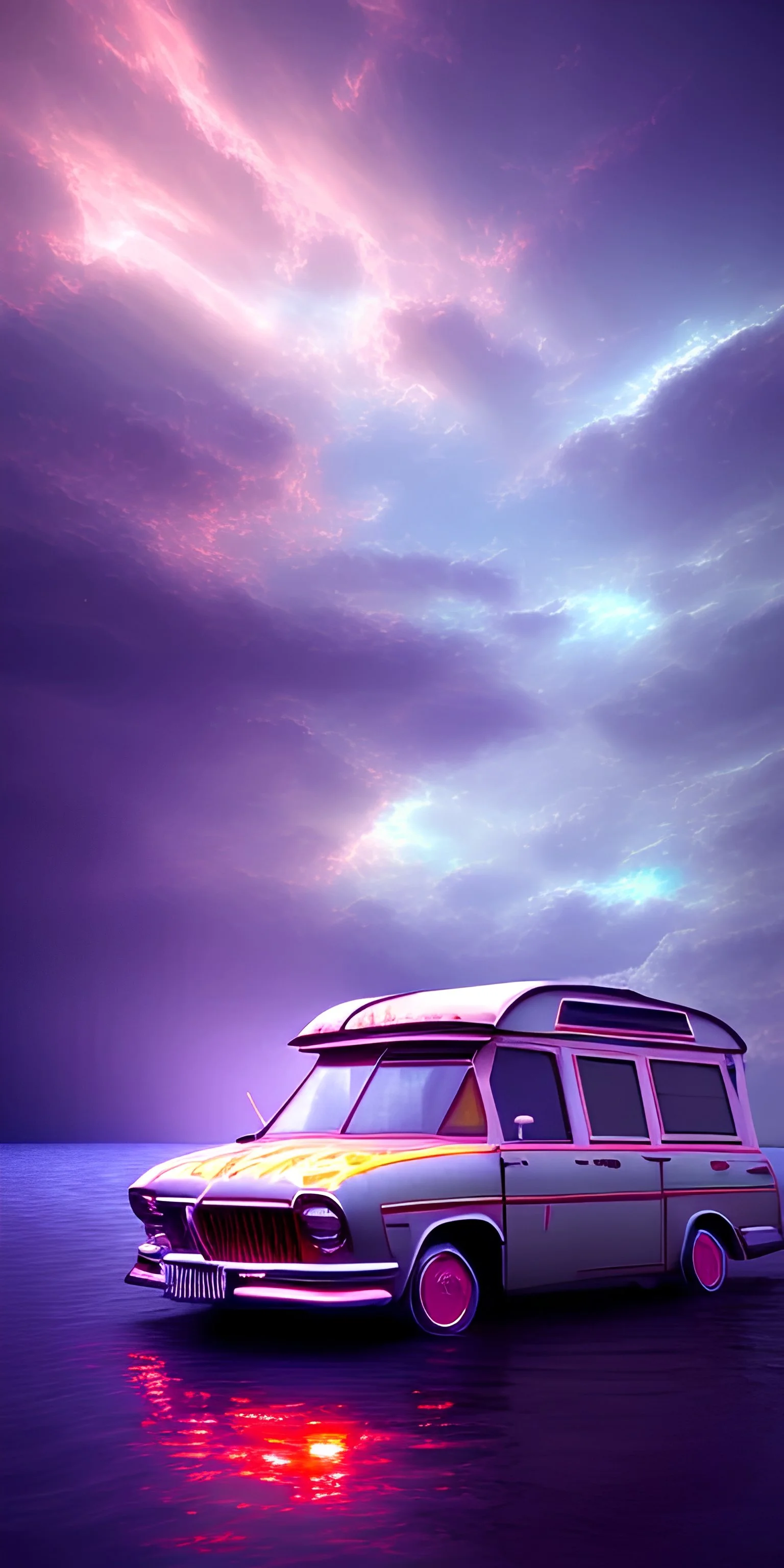 An old caravan at the bottom of an streaming river, lots of clouds within neon lights