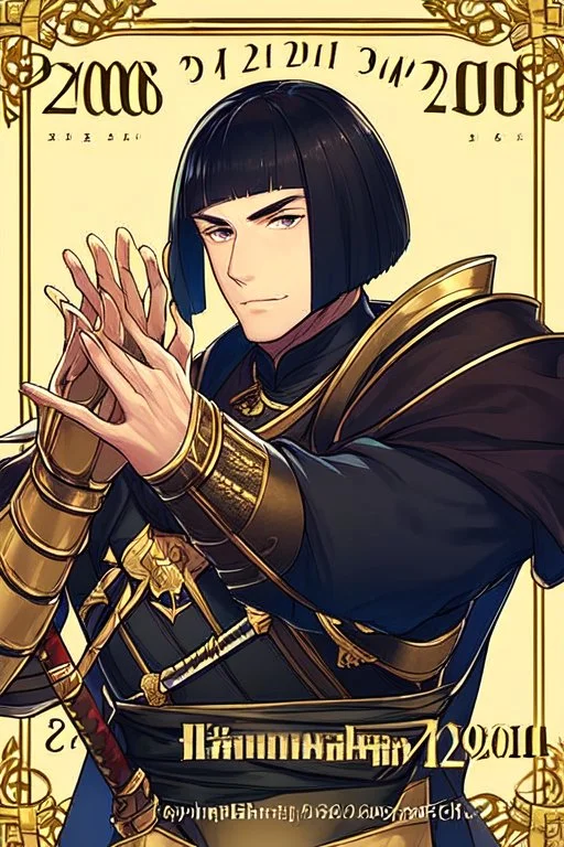 A handsome 30 year old knight, black hair, male bob haircut, in black-and-gold plate armor, golden katana in both hands, no beard, european, proper arms