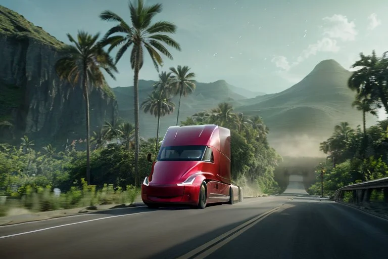 A Tesla 'Semi' (semi truck) is going at a high speed, on the 'Jurassic Park' island. (CINEMATIC, WIDE ANGLE LENS, PHOTO REAL)