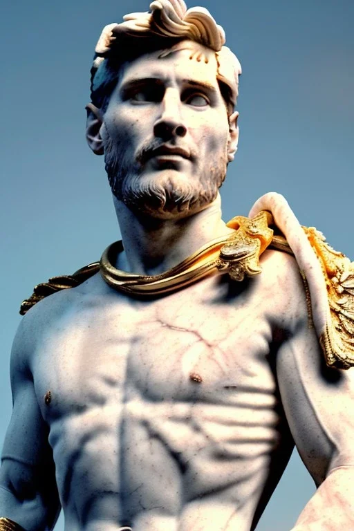 Realistic image, Roman sculpture made in white marble with gold veins, Lionel messi with gold laurel leaves crown, decorative star on the chest, waist up portrait, marble material, gold ornaments, Baroque style, sun rays background, epic, celestial, cinematic lighting, God lights, 4k resolution, smooth details, soft lighting, unreal engine 5, art station, substance 3d.