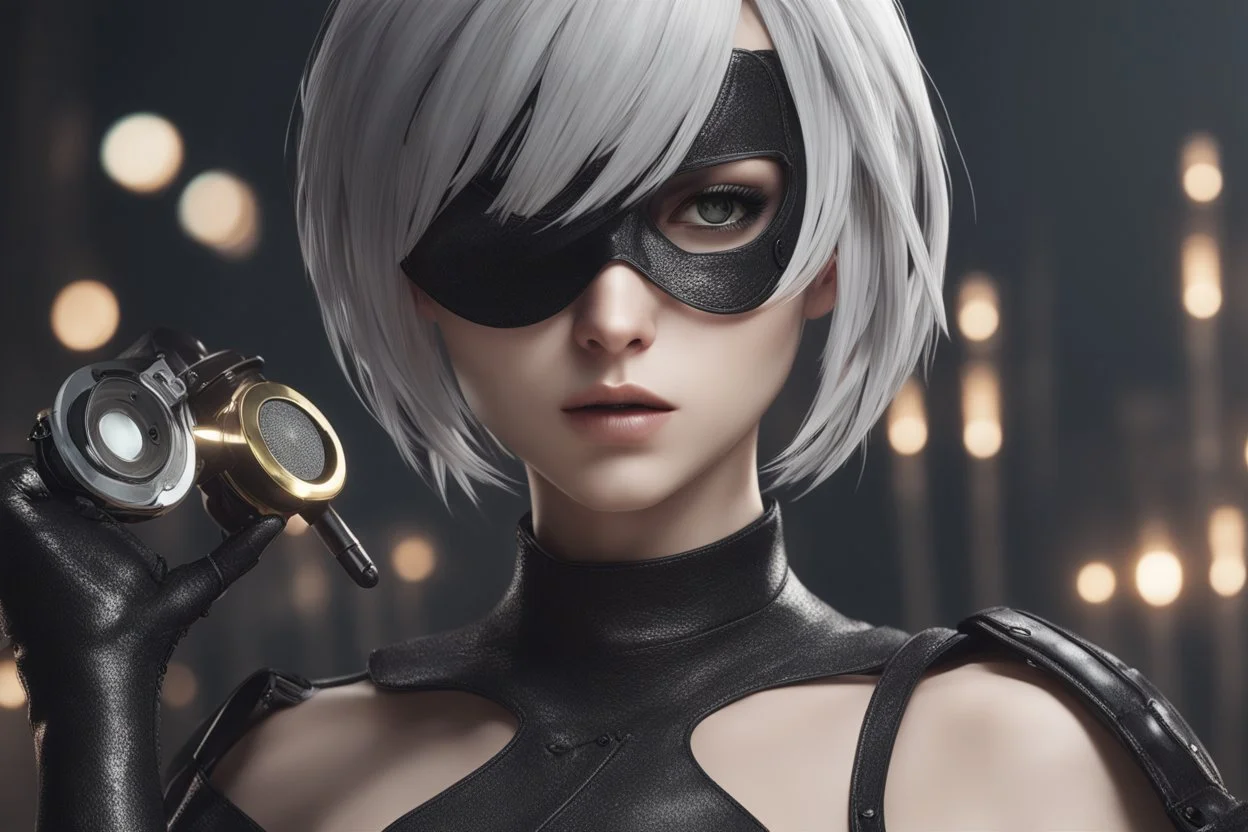 Hot 2B with blindfold eye in 8k nier automata artstyle, blind them, 2B Custom, blindfold, close picture, rain, fantasy world, intricate details, highly detailed, high details, detailed portrait, masterpiece,ultra detailed, ultra quality