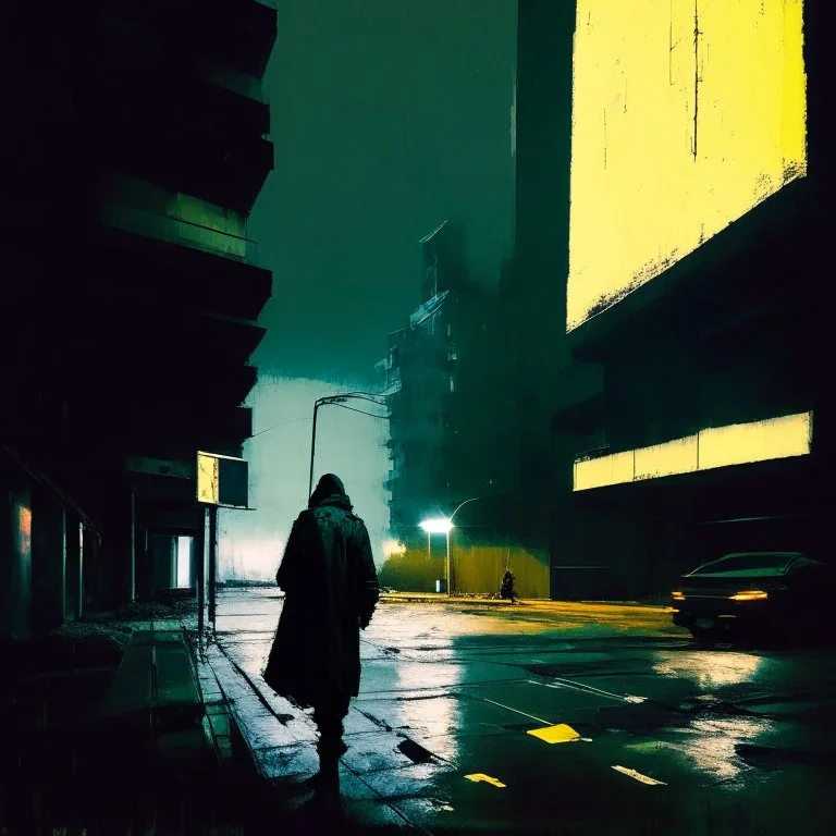 Dystopian future Wearing a trench coat. In desolate landscape at night. With a brutalist architecture concrete decaying blocks falling. Abstract oil painting in style of Justin Mortimer