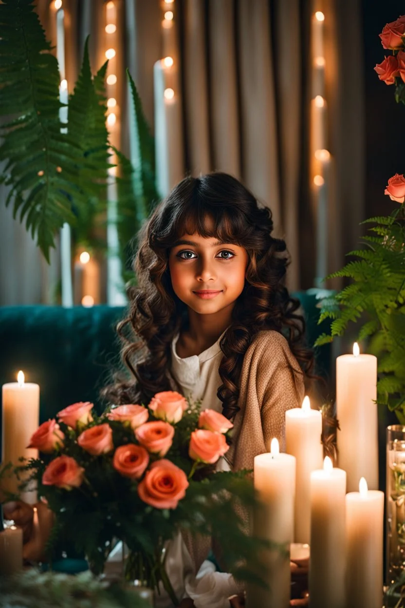 a young girl sitting on a couch holding a bunch of flowers, tanned ameera al taweel, hair whitebangs hair, sitting on the edge of a bed, roses and lush fern flowers, with big eyes, in a room full of candles, a microscopic photo, cute photograph, from left