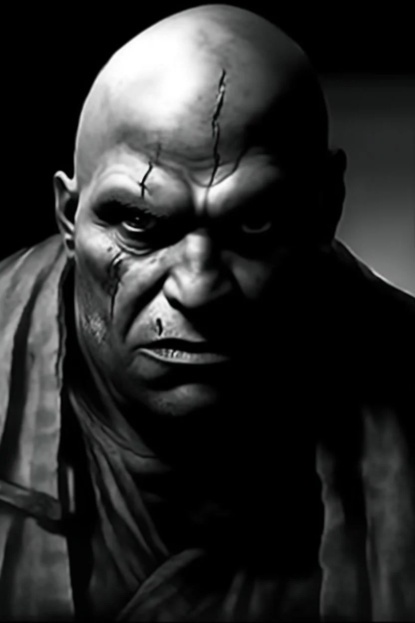 A native Indian chef, they but a fabric on his eye so he can not see and his arms are Handcuffed. looks miserable with bruises on his face like he has been beating sitting on a broken chair in a prison with dem light and dark prison environments , Busch painting style , sureal