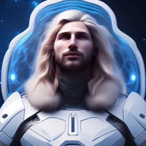 Beautiful cosmic man, blue eyes, long blond hair, smiling, cosmic suit, full body, galactic backdrop, soft lighting, hyper realistic, unreal engine 5, 16k