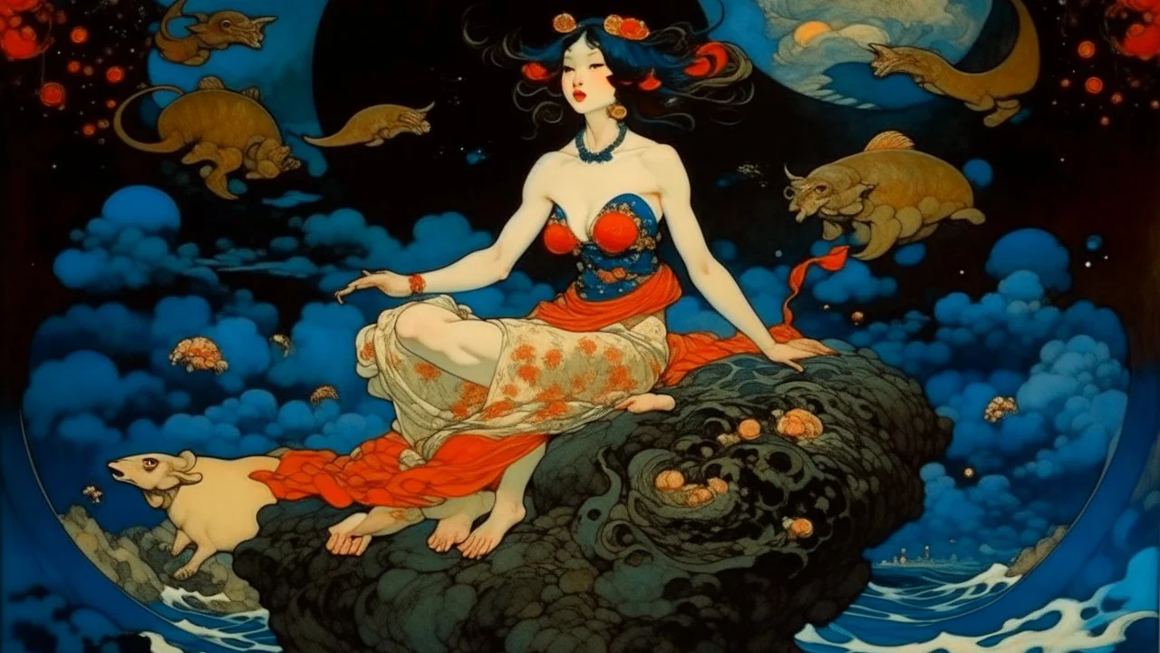 a painting of a woman flying in the sky, nuttavut baiphowongse, inspired by Edmund Dulac, portrait of circe, by Osamu Tezuka, personification of greed, in the center of the image, bottom of the sea, by John Byrne, from star wars (1977), artist rendition, ox, published art