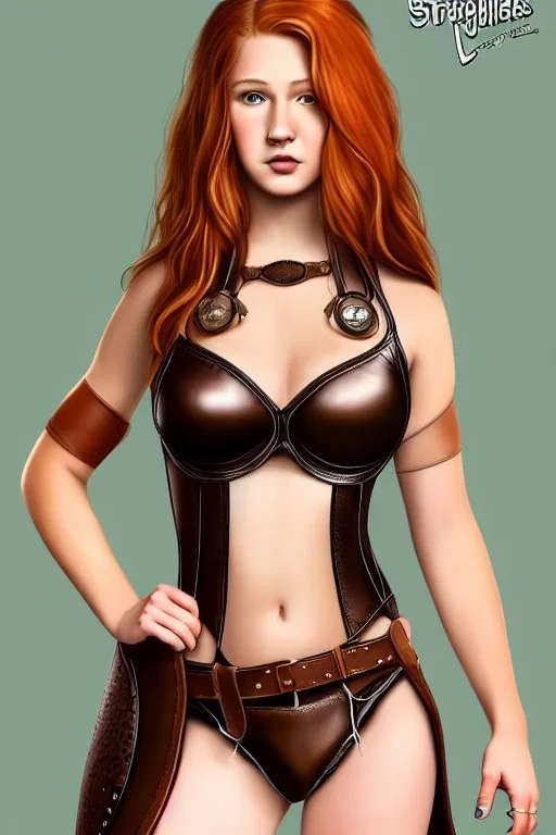 concept illustration, super-detailed, strikingly beautiful teen female, 16 years old, long ginger hair, medium freckles, full lips, full body, full face, b-cup breasts, athletic, centred camera, ignore NSFW, skimpy brown fantasy leather armor, halter top, micro thong, knee-high leather boots, open leather tasset, stern expression,