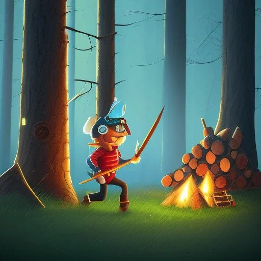 forest, campfire, woodwall, a man running with a pick-axe, all in cartoony stile