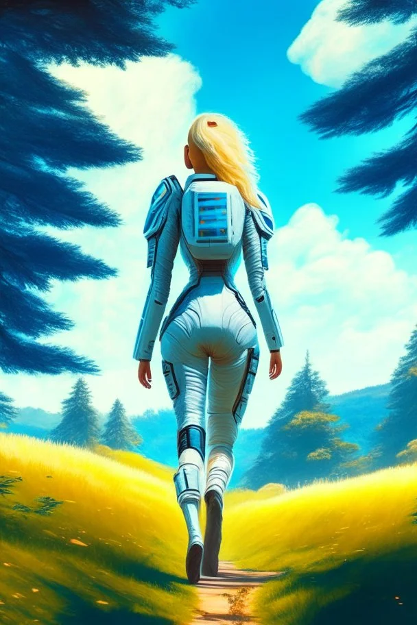 woman in a skin tight spacesuit, with blond hair in a pigtail, walking towards a spaceship, back to the camera, on a path, wooded landscape in the distance, blue sky