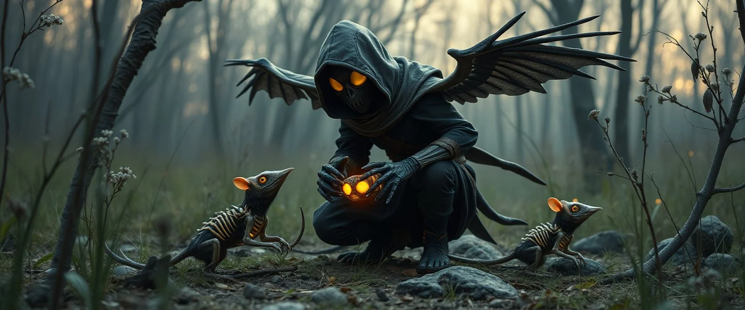 ninja necromancer in the wild, raising glowing raven skeleton rat babies