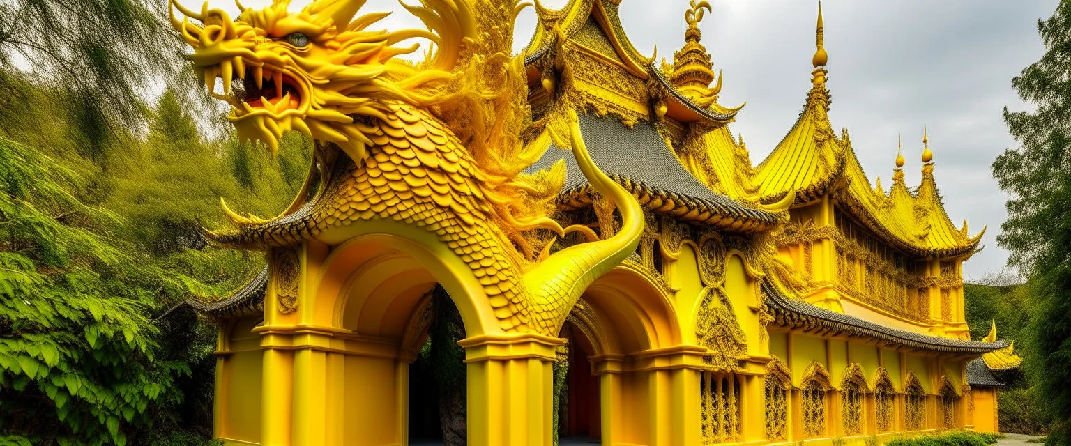 A golden yellow mythical monastery with a legendary dragon painted by Piet Mondrian
