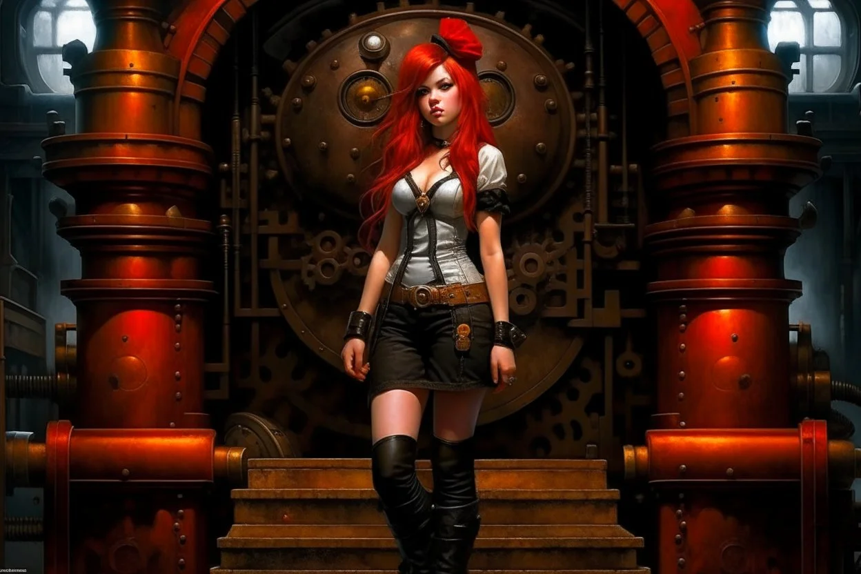 full body and headshot of a skinny young woman, with long straight red hair, standing in a steampunk setting, Frank Franzetta