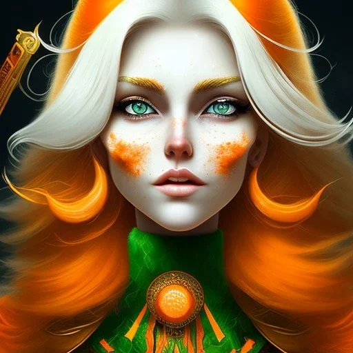 fantasy setting, woman, orange and white hair, wavy hair, freckles, ranger, more orange hair, more white hair, green eyes, more white hair, less orange hair