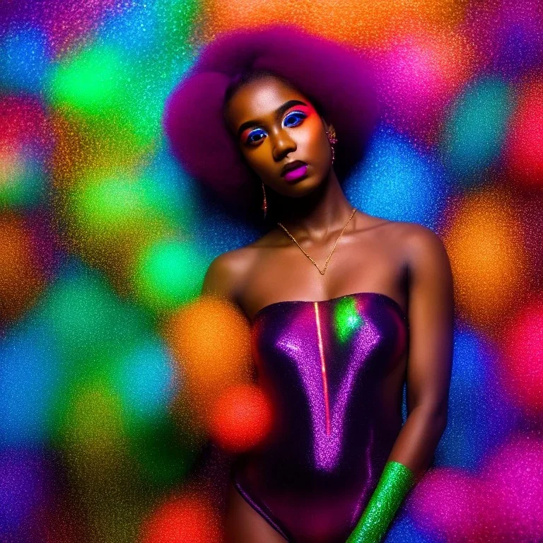 full body shot, masterpiece, best quality, girl, black skinned, hand touching head, sparkling eyes, fluorescent skin, colorful makeup, afro, highly detailed body, afrofuturism, scifi, sun light, 4K, RAW, depth of field, high contrast, realistic details, 24mm