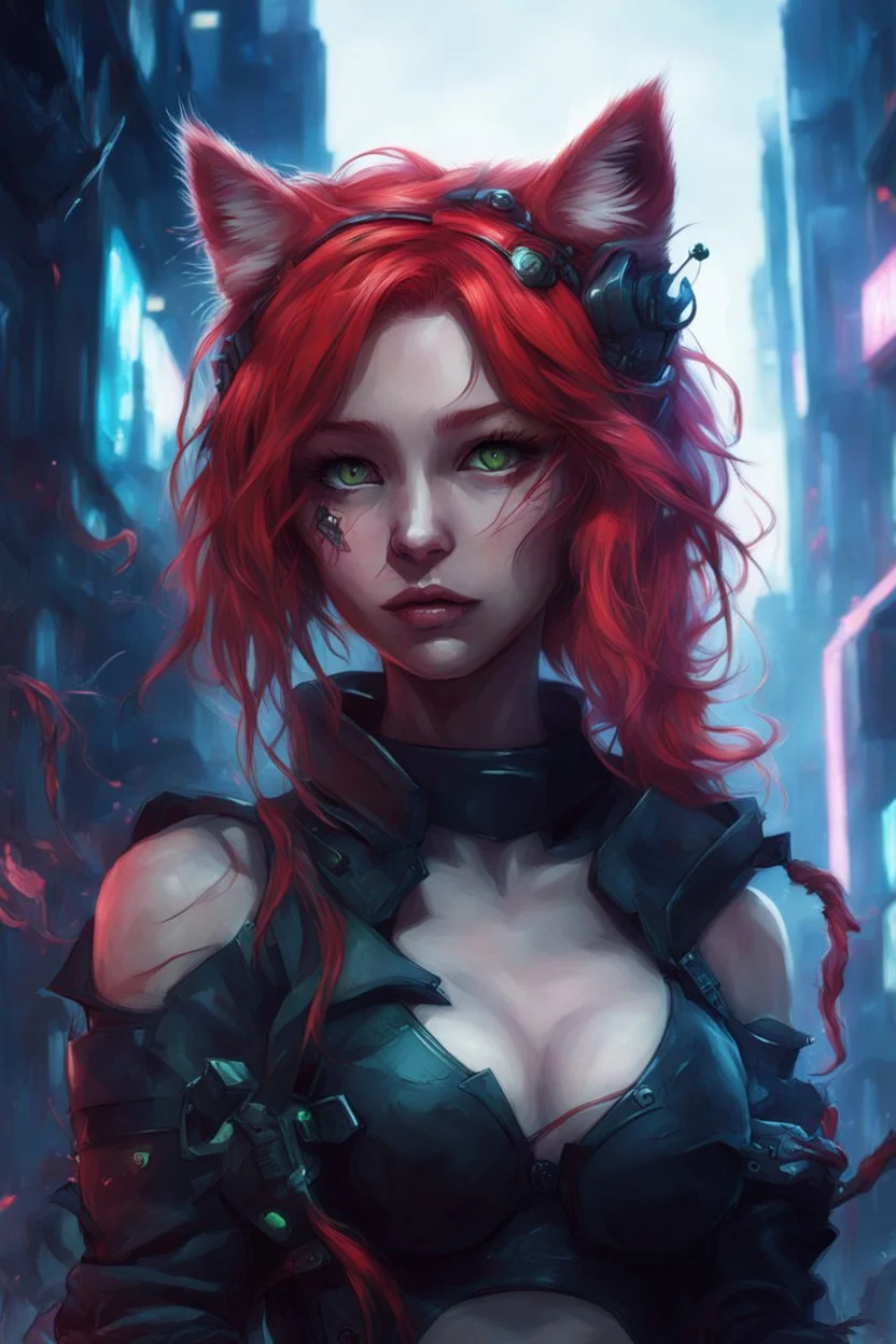 CAT GIRL, FANTASY, VINES, SOULLESS, FLUFFY TAIL, RED HAIR, CYBERPUNK