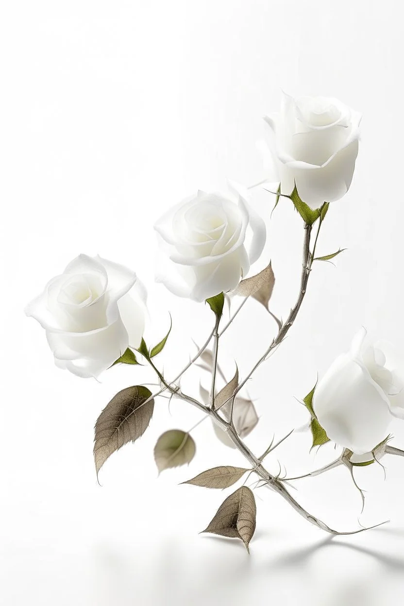 All white textured white transparent leaves of glassy roses branch in a white background