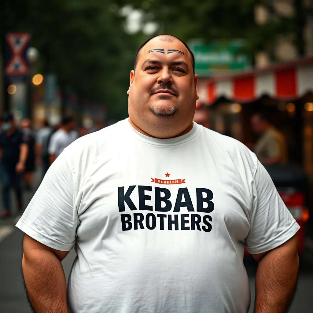 a little fat swedish man standing on a busy street wearing a t-shirt. a kebab brothers t shirt, with a kebab brothers logo, KEBAB BROTHER tattoo in forehead