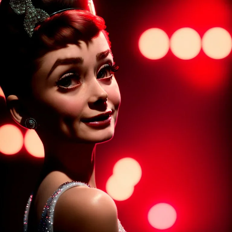 Audrey Hepburn as Betty Boop, closed eyes, rtx, reflection, 8k, glow, winning photography, caustics